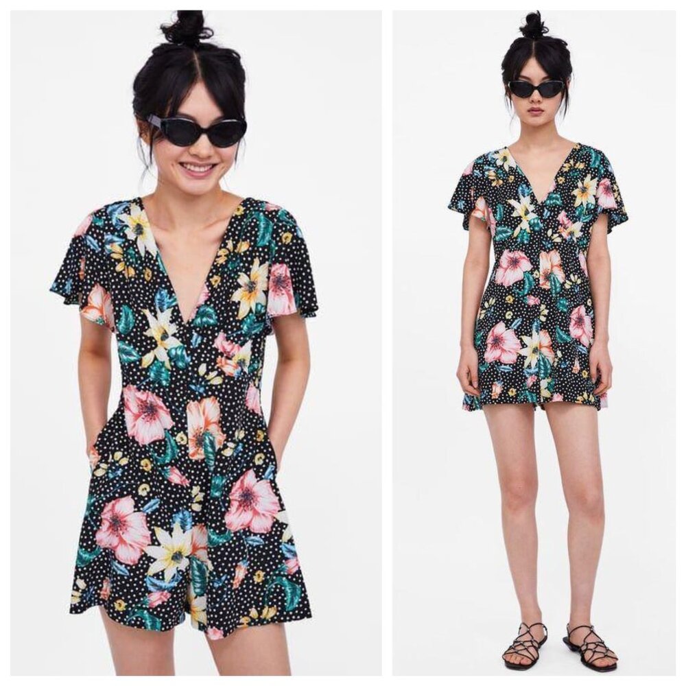 Zara Black Floral Tropical Polka Dot V Neck Flutter Sleeve Playsuit Romper